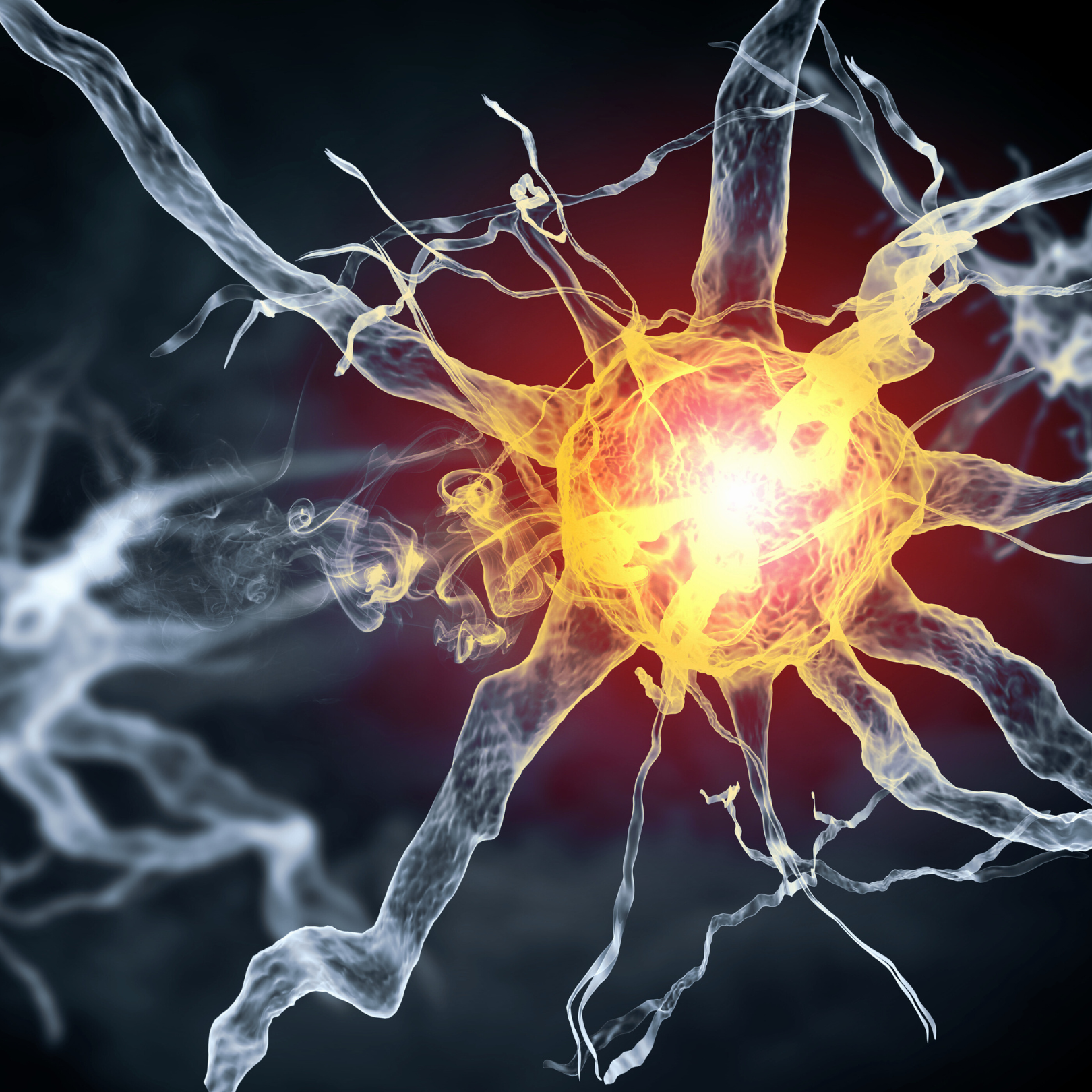 Visualisierung von neuronalen Verbindungen und Energieflüssen – Darstellung der Technologie hinter BODY BEAM Produkten für Gesundheit und Wohlbefinden.